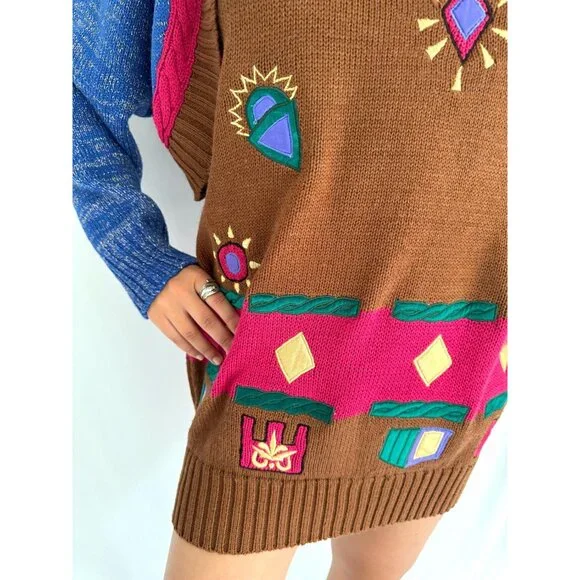 80s vintage colorful funky crazy abstract print novelty knit long sweater tunic - Picture 7 of 9